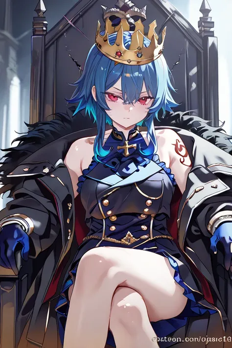  Big-breasted girl,  blue hair,  multicolored hair, blue blouse, black coat, Bare shoulders, blue glove, red eyes tattoo on the neck, naughty girl,  crown on the head,  sitting on the throne, throne,  war scenario 