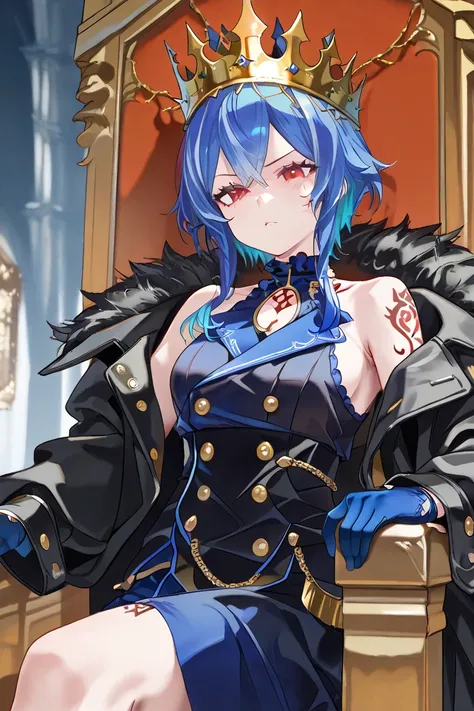  Big-breasted girl,  blue hair,  multicolored hair, blue blouse, black coat, Bare shoulders, blue glove, red eyes tattoo on the neck, naughty girl,  crown on the head,  sitting on the throne, throne,  war scenario 