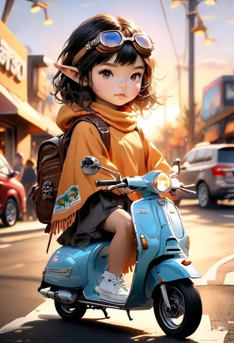  Masterpiece, (highest quality, create a high resolution,4K, 8k),(realistic, photorealistic: 1.5), bright color, Pop Style, (((Road trip at dusk))), elf woman in her 20s , goggles, poncho, Backpack, in the sunset , scooter , the way , Deformed Characters ,...