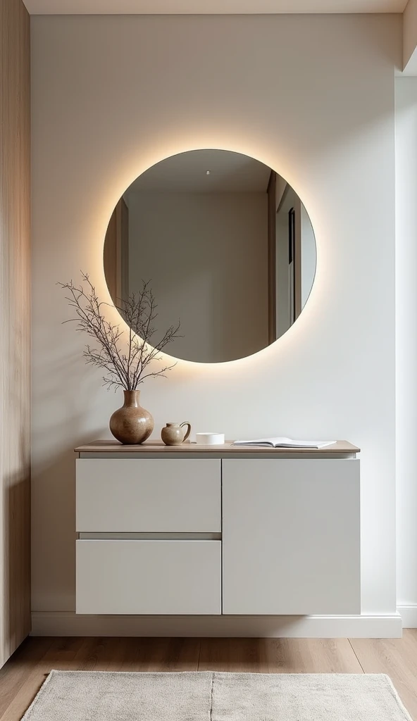  Modern interior , hallway above the cabinet hangs a rounded rectangle mirror , 77 cm by 45 cm mirror, there is no light behind the mirror