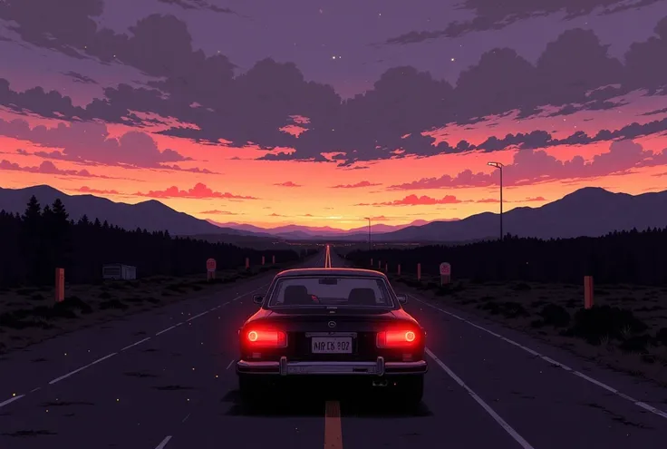 Road Trip at Sunset, long road, sunset, Rear view of car, red or orange light, clouds spreading in the sky,  mountains visible in the distance,  Quiet Atmosphere 