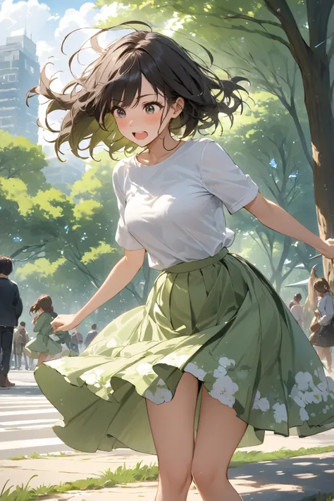 hold the skirt that flips up in the style with both hands、Young woman crouching、
 an embarrassed expression、Both hands on crotch、
wind-torn、 bob hair、
fluffy knee-length skirt、in a city near a park with lots of greenery、
An artistic scene that captures the...