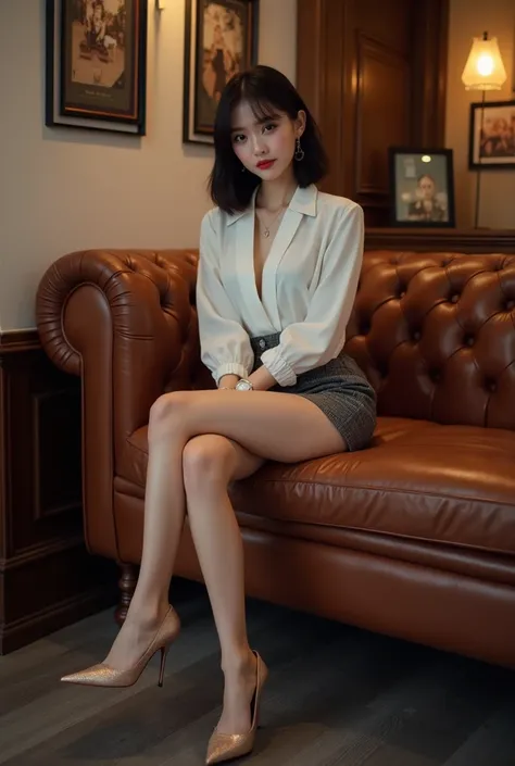 A cute Japanese woman with long legs sitting on a leather sofa，An 18-year-old baby-faced beautiful girl、An ultra-low viewing angle photo of a、Perfect heel shape,、panties can be seen at a viewing angle close to the floor、 big breasts、 Chest Valley、 Seductiv...