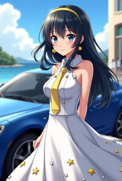      Woman wearing a white white dress with black star details  , Yellow ornaments on the Cobelo,  fair skin, dress with yellow lemon details,  medium long hair  ,  looking at the viewer,  black hair ,Like Rica  ,   her building with her dear blue diamond ...