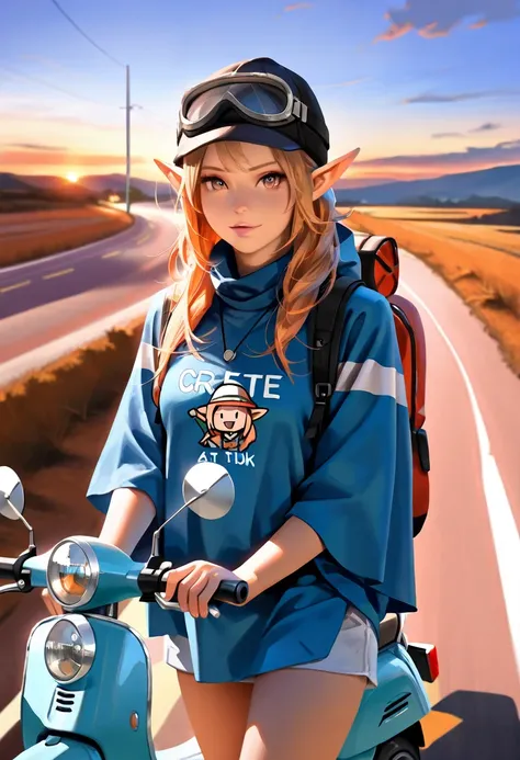  Masterpiece, (highest quality, create a high resolution,4K, 8k),(realistic, photorealistic: 1.5), bright color, Pop Style, (((Road trip at dusk))), elf woman in her 20s , goggles, poncho, Backpack, in the sunset , scooter , the way , Deformed Characters ,...