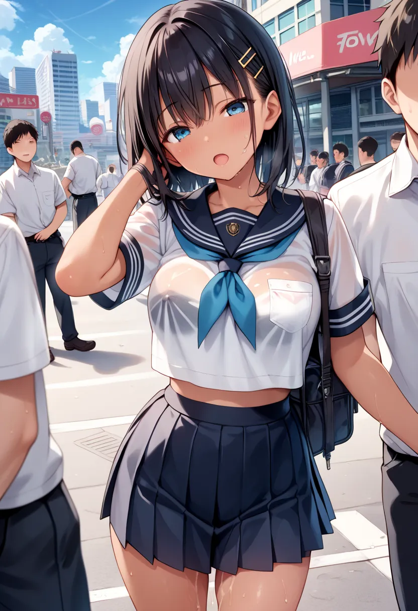 masterpiece, best quality, delicate illustration,ultra detailed skin,  Black Hair, 
(1girl:1.2), (tan:1.0), (see-through) ((summer) school uniform:1.0), (micro mini skirt:1.3), (it is see-through Navy skirt:1.2), (City), (The boys rub her and each other:1....