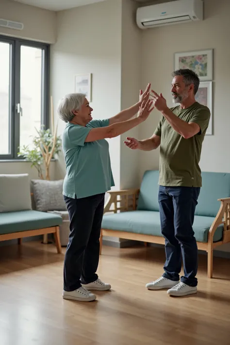 A Parkinson’s patient standing tall, performing large arm swings while a physiotherapist in an olive green T-shirt supervises closely. The therapist gestures supportively, helping the patient maintain balance and precision during the LSVT BIG®️ exercises. ...