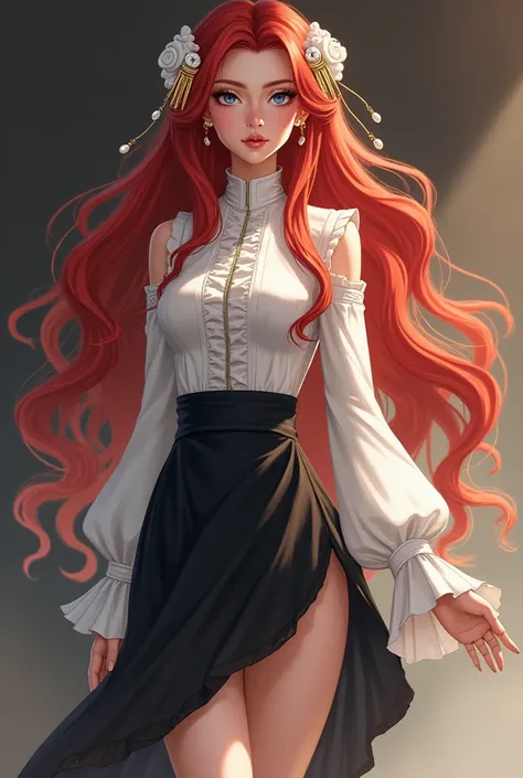  Woman, Tração Miracles, , Wavy red hair amidst blonde locks, two white locks in the front, with golden Chinese clip with white stones,  eyes with heterochromia, Right eye soft blue color, left eye blouse color violet, asymmetric blouse with ruffle color w...