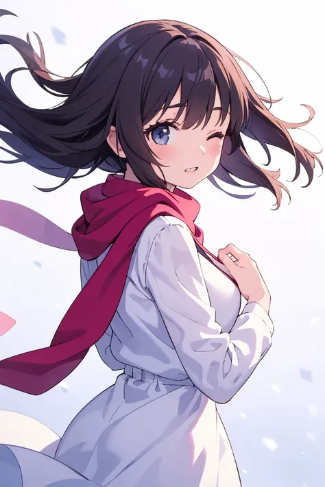 Hyperrealistic, super detailed cowboy shot of a lonely high school girl with casual bangs, double eyelid in office,  droopy eyes ,  double teeth, Gray scarf wrapping around her hair (1.3 Highlights ),  rosy cheeks , snow dancing in the wind with light shin...