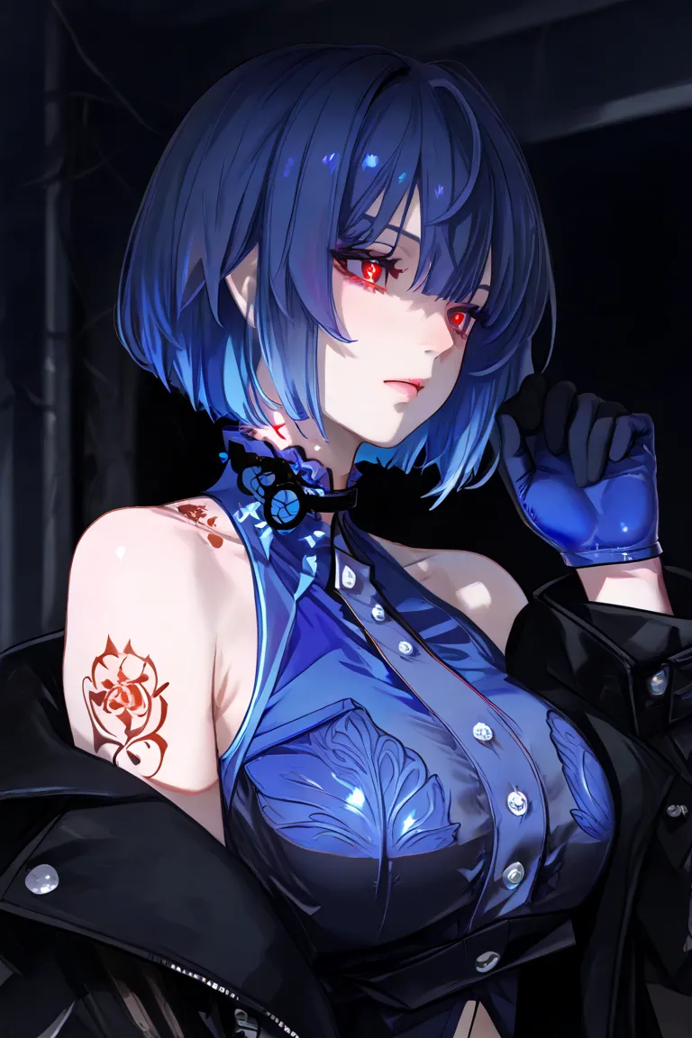  a girl with large breasts ,  blue hair,  multicolored hair, blue blouse, black coat, Bare shoulders, blue glove, red eyes tattoo on the neck,  short hair, neon eyes