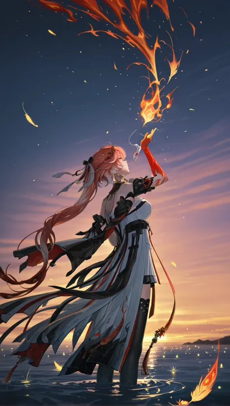 Wuthering Waves Changli, standing on the water, looking up at the sky, a firebird flies by, dropping flaming feathers