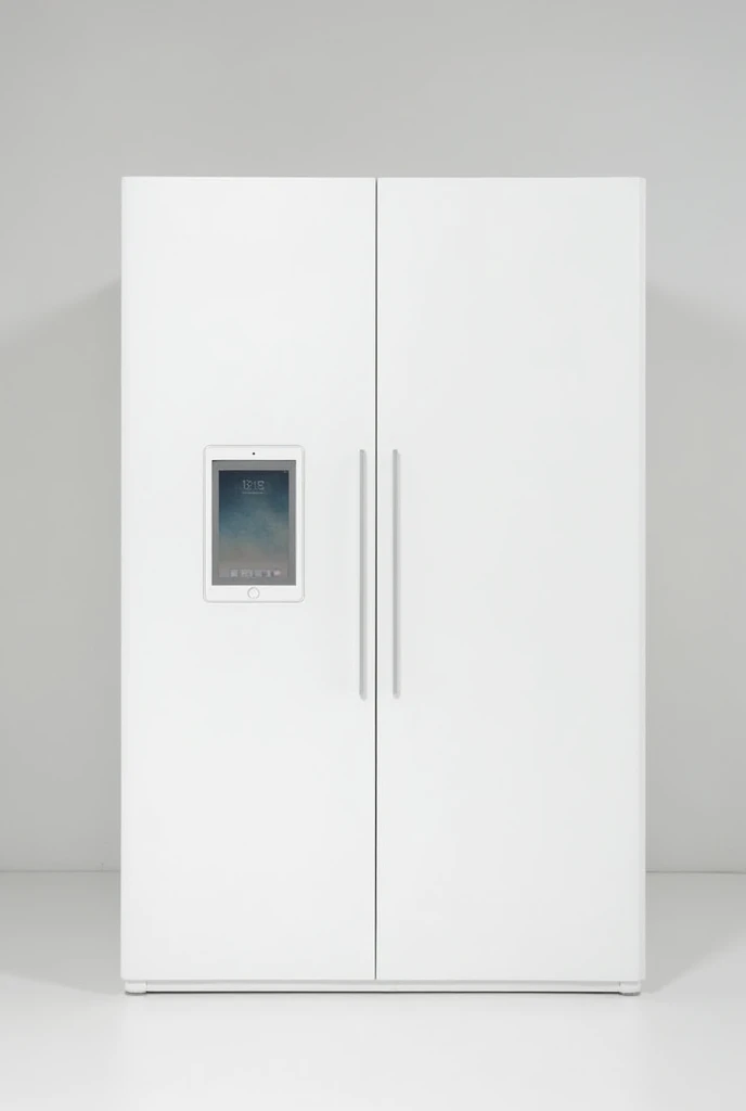 a white two-door wardrobe, In which there is a built-in tablet in the left door 