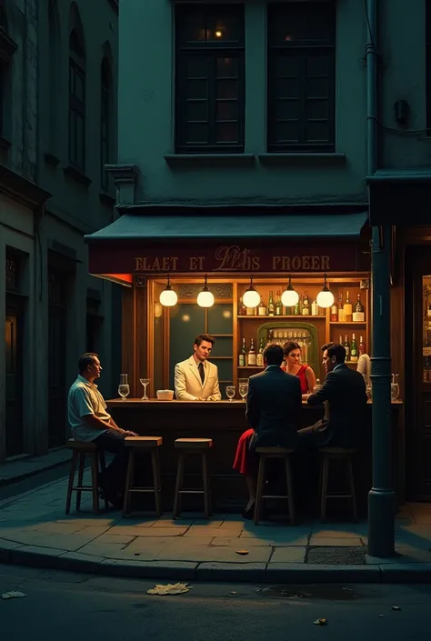 Left since a street at night that leads from left to right, It is half covered by a restaurant that has a glass front, Through the glass front you can see a bar with several stools, behind the bar is a waiter with a white suit and there is a couple sitting...