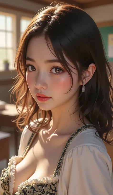 ( masterpiece, Highest_ quality:1.2), 1 girls on the left, Alone, cute, Huge_chest:1.4, schools_ girls on the left_clothing:1.5, fine eyes , detailed lips, long eyelashes, beautiful, Elegant , Quiet look, intricate detail on the edge of the garment, ...