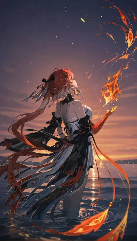 Wuthering Waves Changli, standing on the water, looking up at the sky, a firebird flies by, dropping flaming feathers