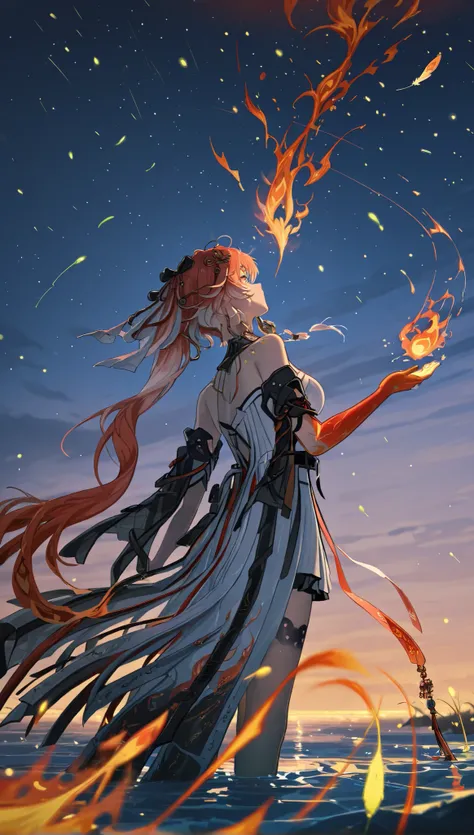 Wuthering Waves Changli, standing on the water, looking up at the sky, a firebird flies by, dropping flaming feathers