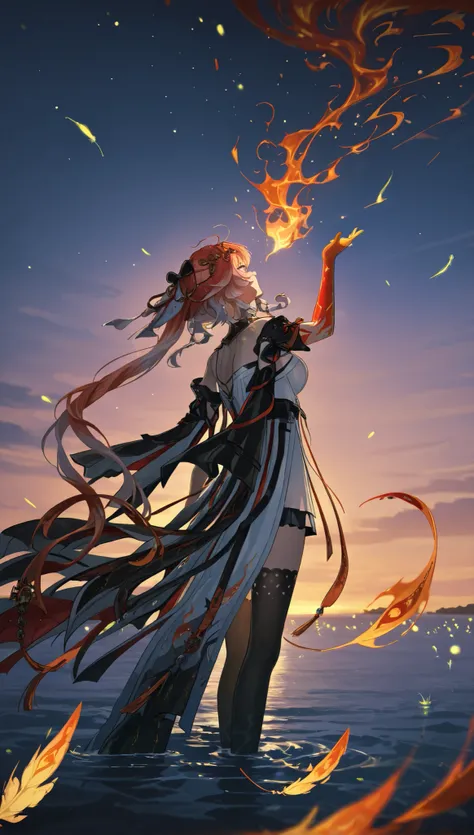 Wuthering Waves Changli, standing on the water, looking up at the sky, a firebird flies by, dropping flaming feathers