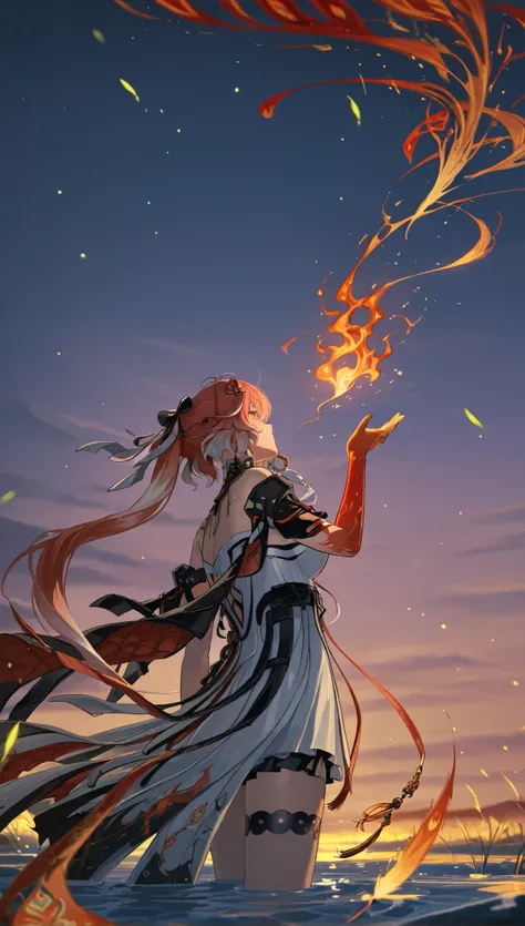 Wuthering Waves Changli, standing on the water, looking up at the sky, a firebird flies by, dropping flaming feathers