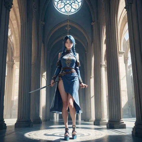 Blue Haired Girl (Ethnicity: 1.2), (Age: 2.0), (Clothing Details: 1.2), (Accessories: 1.1), (Facial Features: 1.3), (Expression: 1.2), (Body Type: 1.1), (Pose: 1.2), Center of an ornate Gothic cathedral-like environment, Two long braids of blue hair, Well-...