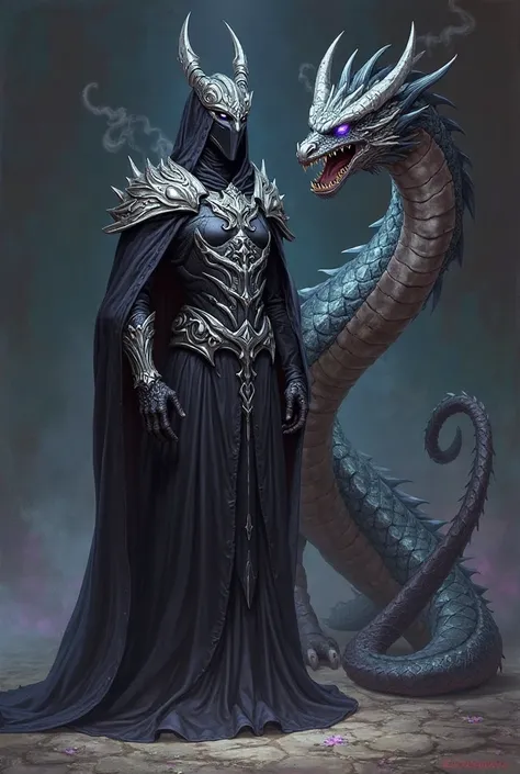 A fantasy character design featuring a tall, imposing figure dressed in a long, flowing black robe adorned with intricate silver patterns and ornate details, suggesting high authority and dark elegance. The figure's outfit includes armor-like elements arou...