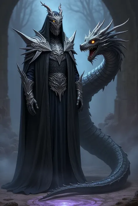 A fantasy character design featuring a tall, imposing figure dressed in a long, flowing black robe adorned with intricate silver patterns and ornate details, suggesting high authority and dark elegance. The figure's outfit includes armor-like elements arou...