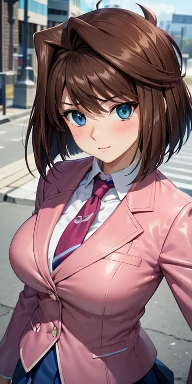  1 female, high definition,High resolution,  ultra-realistic  ,8K, aamazaki, ( hair antenna:1.2), blue eyes, blue,  pink jacket, blazer,  Long Sleeves Leather, falda blue,  Skinny skirt ,  miniskirt, pleated skirt ,  big breasts,European,sexy, Close-up of ...