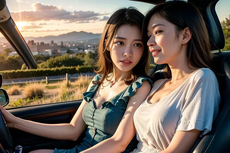 a beautiful golden hour landscape, a young couple in an open car driving through gentle rolling hills, romantic atmosphere, beautiful sunset sky, (best quality, 4k, 8k, highres, masterpiece:1.2), ultra-detailed, (realistic, photorealistic, photo-realistic:...