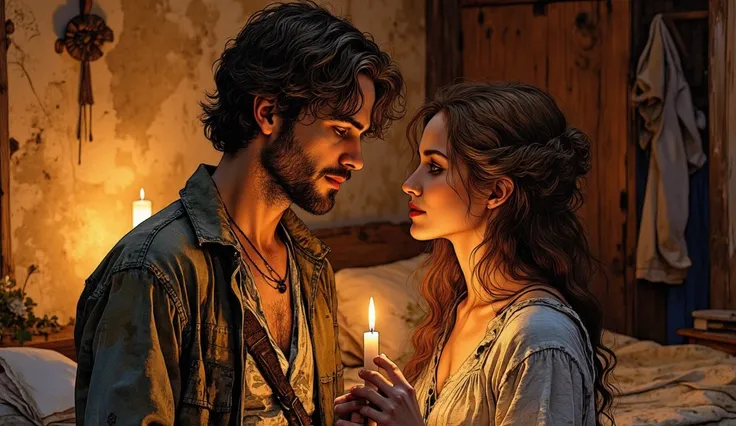 concept art of Jack (29) and his wife share a tender moment in a modest bedroom lit by warm candlelight. Jack, in worn villager clothing, gazes at her with a soft smile, rekindling the warmth in her eyes. The simple wooden furnishings and gentle glow empha...