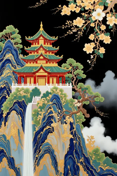 Gold foil decorative painting, blue and black gold foil color matching, mountains and peaks, close-up of pavilions and towers, golden trees and waterfalls, mist and clouds in the mountains, black background. Hand-painted, Chinese embroidery craft, gold foi...