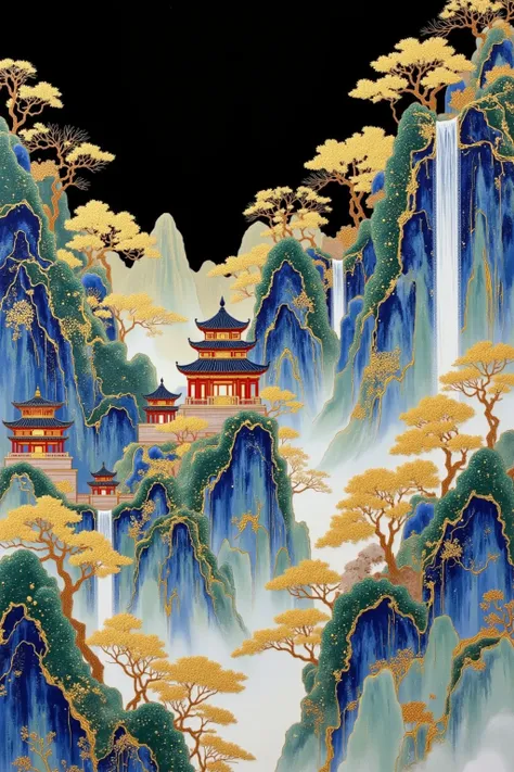 Gold foil decorative painting, blue and black gold foil color matching, mountains and peaks, close-up of pavilions and towers, golden trees and waterfalls, mist and clouds in the mountains, black background. Hand-painted, Chinese embroidery craft, gold foi...