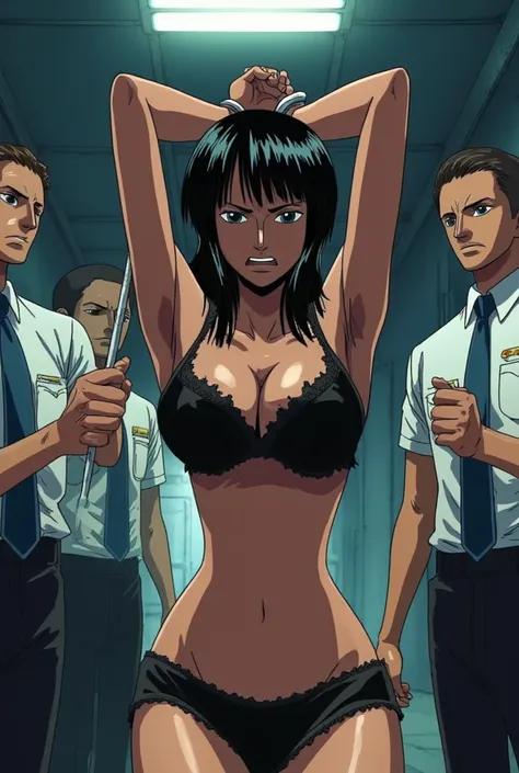 （animation）Sweaty black hair in the basement,Brown women   。 Both wrists are handcuffed 。  the woman is wearing black lingerie    。  the woman is surrounded by 2 security guards   。   correctional personnel are monitoring the woman    。   The prison office...