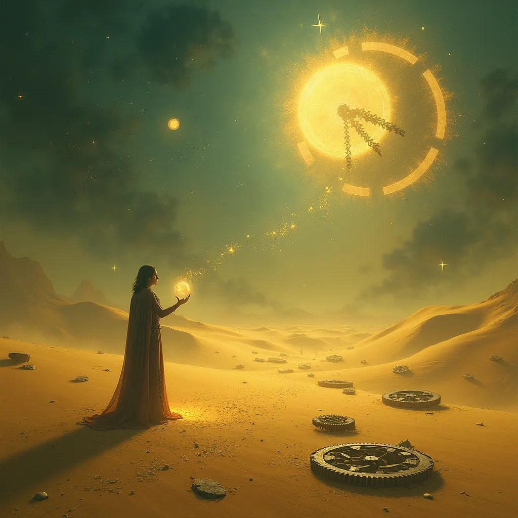 A surreal landscape with broken clock gears scattered in golden sands, symbolizing the passage of time. A mysterious figure holds a glowing gear, contemplating how to restart time. Ethereal sparks float around, illuminating the scene, creating a mystical a...