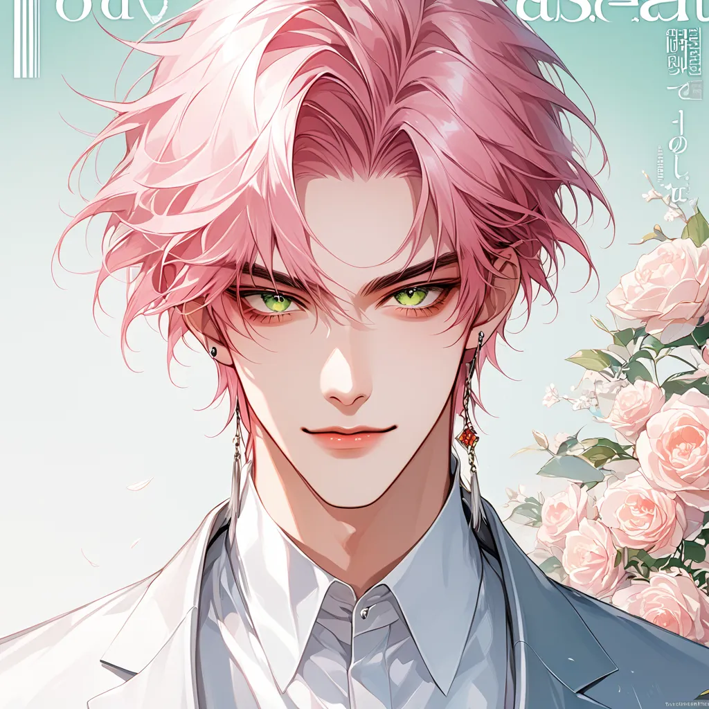 4k , 8k , (only 1male short pink hair with green eyes) , short hair style , adults , 25 years old , handsome , novel , manhwa , very details , perspective , hair details , very anime eyes detais  , ตรงตามกายวิภาคมนุษย์ ,ร่างกายสมส่วน , smile , with white s...