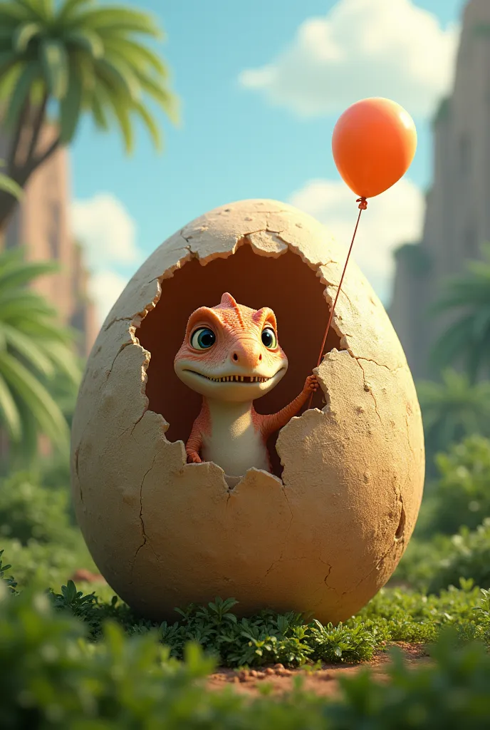 Create an image of a giant broken dinosaur egg, with a cute T-Rex cub emerging,  holding a balloon  , in 3D Pixar 