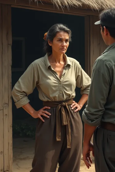 A curious and slightly stern-looking village woman stands with her hands on her hips, looking at her husband. The background shows a simple village home.