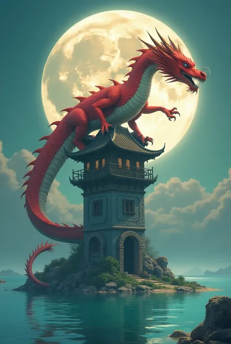 A mighty Asian dragon guards a tower in the middle of a crystal-clear lake, with the shining moon above. Inside the tower is a fragile, delicate girl. biggest and red dragon, rồng to hơn nữa, quấn quanh tòa tháp. Ảnh lung linh hơn