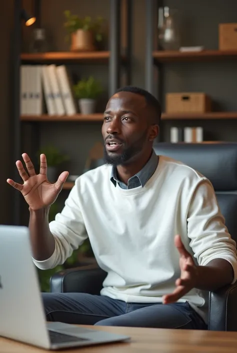 un jeun homme africain assis sur une chaise dans un stidio youtube avec un sweat blanc et un arriere plan professionnel entraine d'explique quelque chose avec des geste de main et un ordinateur devant lui et un table de bureau 