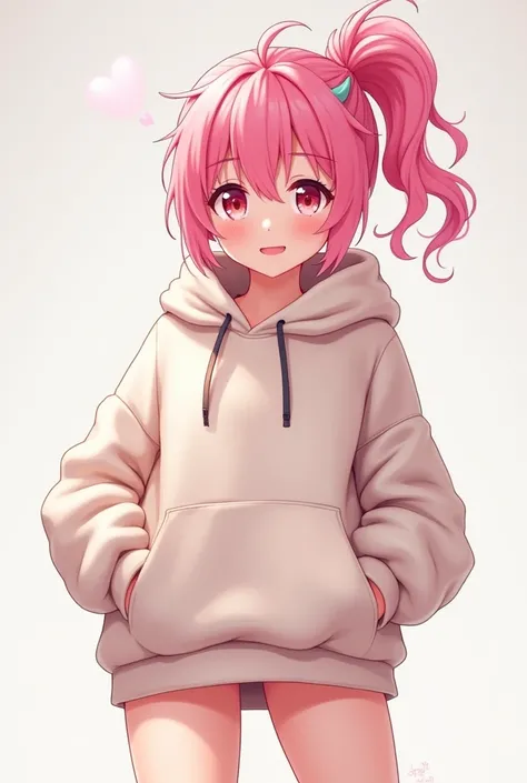  pink hair, ponytail, HOODIE, bottom missing, cute face,Six virtues,Body, thighs