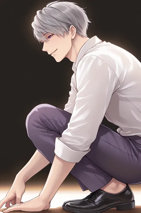 masterpiece, best quality, amazing quality, very aesthetic, vibrant colors, 1boy, male focus, Ishida Mitsunari, Ikemen Sengoku, mole under left eye, purple eyes, grey hair, short hair, sexy man, handsome, mature male, white shirt, pants, black footwear, so...