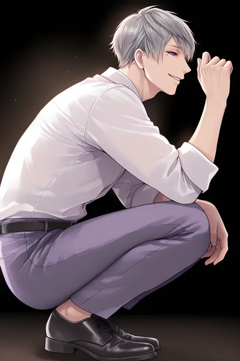 masterpiece, best quality, amazing quality, very aesthetic, vibrant colors, 1boy, male focus, Ishida Mitsunari, Ikemen Sengoku, mole under left eye, purple eyes, grey hair, short hair, sexy man, handsome, mature male, white shirt, pants, black footwear, so...