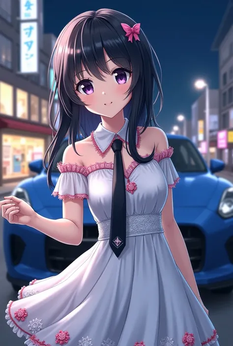      Woman wearing a white white dress with black star details  , pink ornaments on the bunny,  fair skin, dress with light pink details,  medium long hair  ,  looking at the viewer,  black hair ,Like Rica  ,   her building with her dear blue diamond car ,...