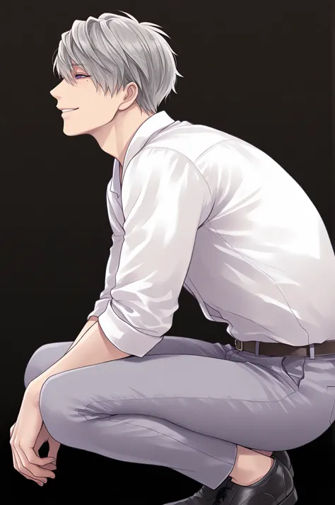 masterpiece, best quality, amazing quality, very aesthetic, vibrant colors, 1boy, male focus, Ishida Mitsunari, Ikemen Sengoku, mole under left eye, purple eyes, grey hair, short hair, sexy man, handsome, mature male, white shirt, pants, black footwear, so...