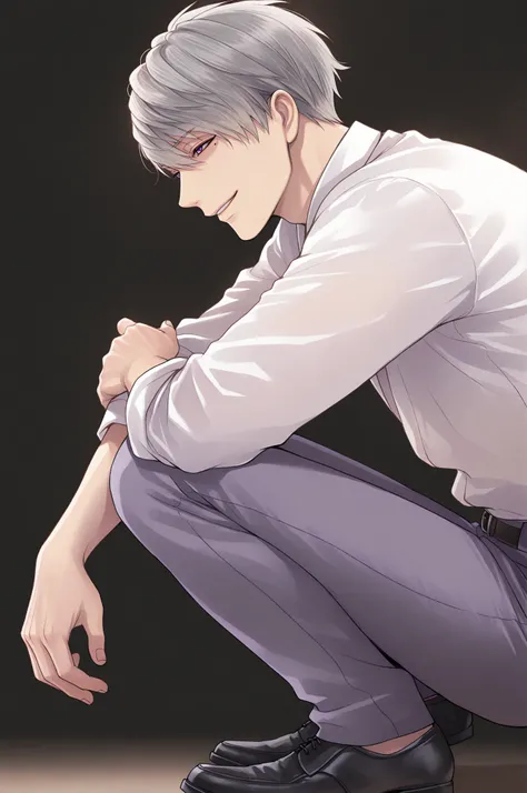 masterpiece, best quality, amazing quality, very aesthetic, vibrant colors, 1boy, male focus, Ishida Mitsunari, Ikemen Sengoku, mole under left eye, purple eyes, grey hair, short hair, sexy man, handsome, mature male, white shirt, pants, black footwear, so...