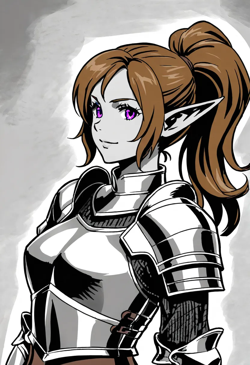 Create half elf woman blue skin cartoon style, brown hair in ponytail, Lilac Eyes, with medieval style clothing and armor , ketch, monochrome, greyscale,