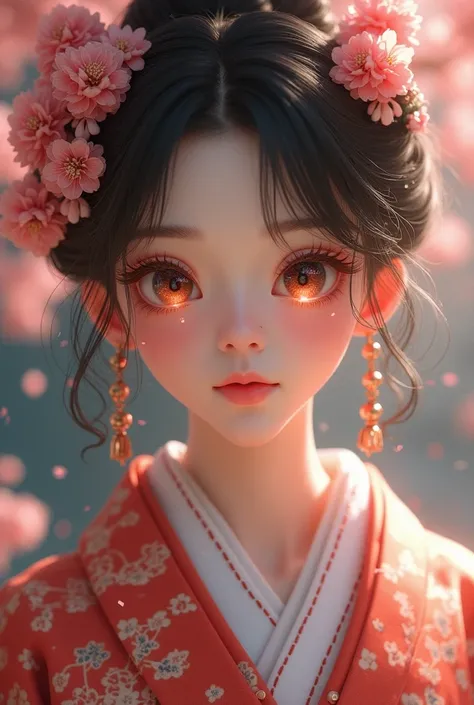 A beautifully detailed and aesthetic image of a girl wearing a kimono. She has strikingly detailed eyes, surrounded by light particles that enhance the delicate features of her face. The scene includes cherry blossoms in the background, adding to the seren...