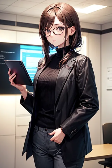 Anime woman, brown shoulder length hair, fair skin, gray eyes, black jacket and pants, holding a tablet, wearing glasses