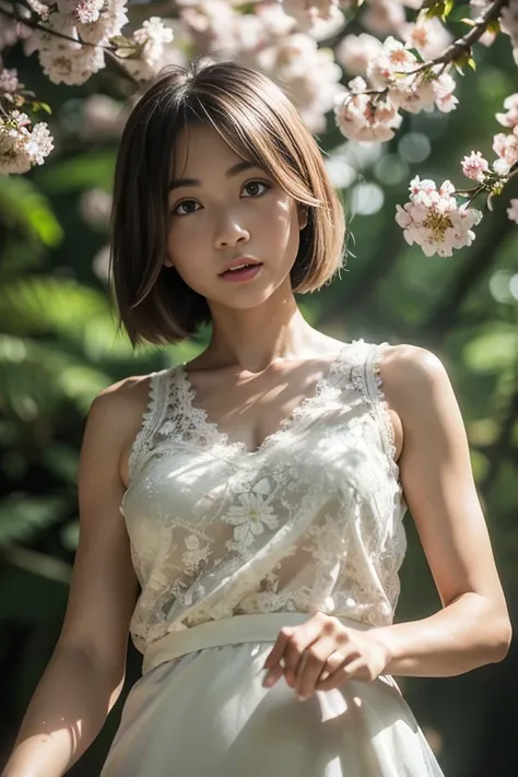 (8k, RAW photo, photorealistic, HQ, masterpiece), a cute Japanese woman, (glowing eyes), (from below), 
(grumpy ), brown hair, Very short bob, bob cut, (white dress:1.2, sleeveless long dress, elegant lace silk fabric dress:1.2), (in A vast forest filled w...