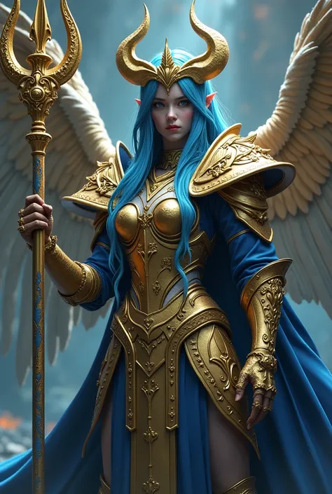  A 3D-style (ตัวละคร) with long blue hair, adorned in intricate golden armor with blue accents. The armor is highly detailed with sharp. The character wields a large, ornate trident and has an intense, determined expression. The armor includes wing-like de...