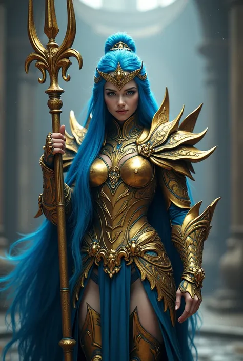  A 3D-style (ตัวละคร) with long blue hair, adorned in intricate golden armor with blue accents. The armor is highly detailed with sharp. The character wields a large, ornate trident and has an intense, determined expression. The armor includes wing-like de...