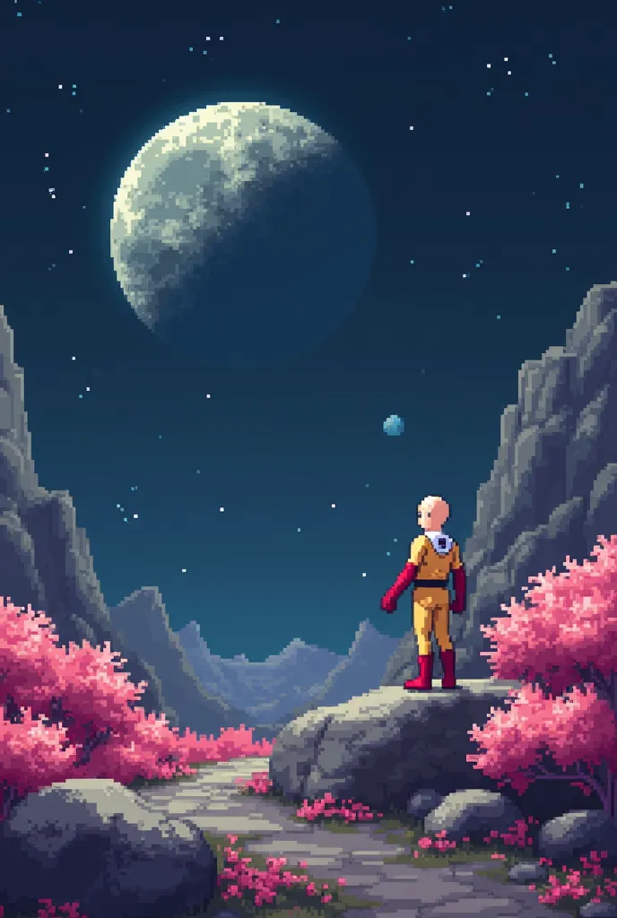 A picture taken from the moon shows a part of the moon and the planet Earth. The moon has full pink flowers. The picture is in pixel style. The character of Sita from the One Punch Man anime is on the moon and is ready to rush towards Earth